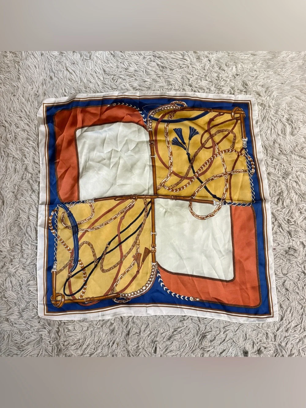 Orange/Blue Equestrian Horseback Riding Pattern Silk Scarf. Good Condition.